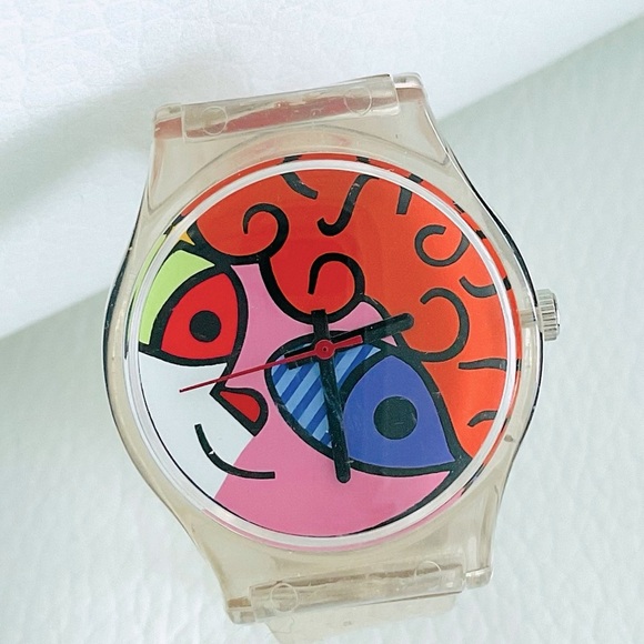 ROMERO BRITTO WATCH ~ Dog Fish Cat Pop Art Design on Face Signed Clear B… - Picture 2 of 4